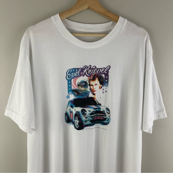 Vintage 2003 Evel Knievel White Mini Cooper Oversized Short Sleeve Graphic Tee - Picture 2 of 10